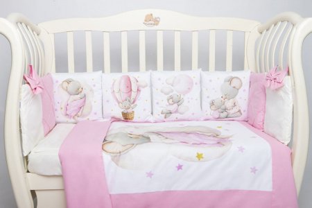 Комплект в кроватку Премиум ПАННО 5 шт.съемн.навол. подушками 6 предм.Малыш мышонок (розовый).