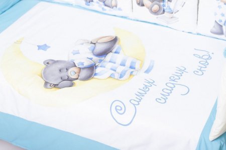 Комплект в кроватку Премиум ПАННО 5 шт.съемн.навол. подушками 6 предм. Мишка на луне(голубой)