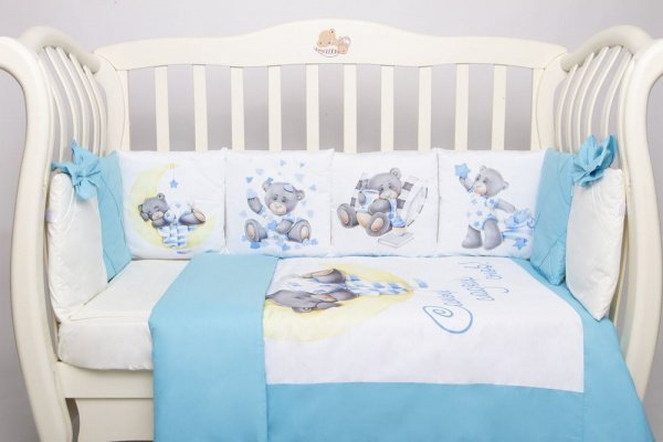 Комплект в кроватку Премиум ПАННО 5 шт.съемн.навол. подушками 6 предм. Мишка на луне(голубой)