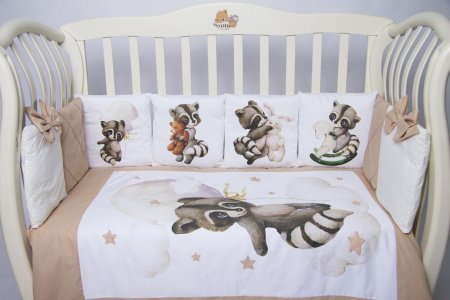 Комплект в кроватку Премиум ПАННО 5 шт.съемн.навол. подушками 6 предм. Енотик с игрушками (кофе)
