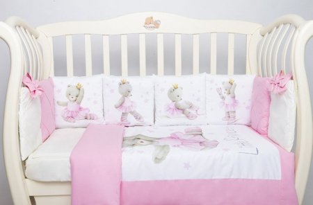 Комплект в кроватку Премиум ПАННО 5 шт.съемн.навол. подушками 6 предм Мишутка балерина(розовый)