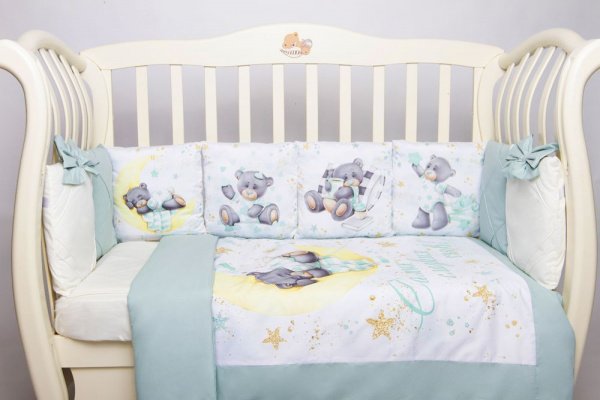 Комплект в кроватку Премиум ПАННО 5 шт.съемн.навол. подушками 6 предм. Мишка на луне(мятный)