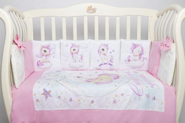 Комплект в кроватку Премиум ПАННО 5 шт.съемн.навол. подушками 6 предм. Единорожки(розовый)