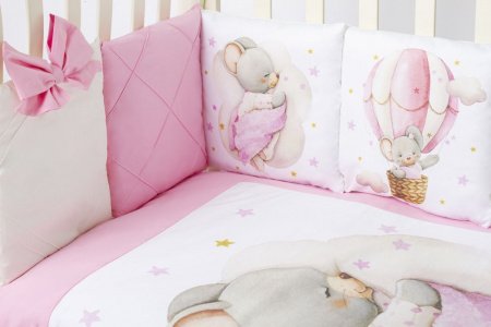 Комплект в кроватку Премиум ПАННО 5 шт.съемн.навол. подушками 6 предм.Малыш мышонок (розовый).