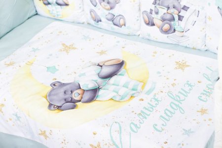 Комплект в кроватку Премиум ПАННО 5 шт.съемн.навол. подушками 6 предм. Мишка на луне(мятный)