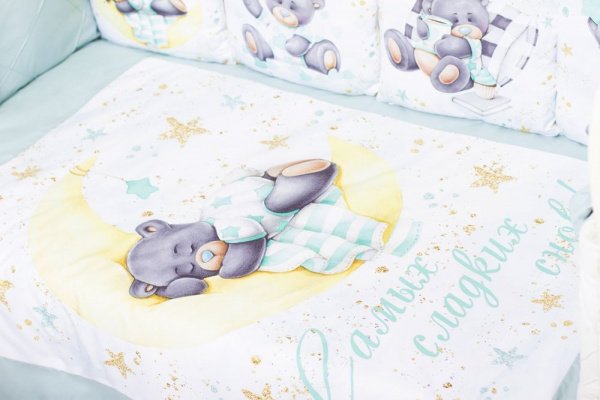 Комплект в кроватку Премиум ПАННО 5 шт.съемн.навол. подушками 6 предм. Мишка на луне(мятный)