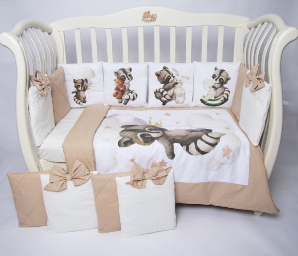 Комплект в кроватку Премиум ПАННО 5 шт.съемн.навол. подушками 6 предм. Енотик с игрушками (кофе)
