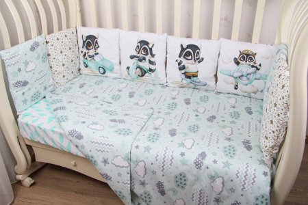 Комплект Панно 6 пр. сатин "Енотик на скейте" (мята)